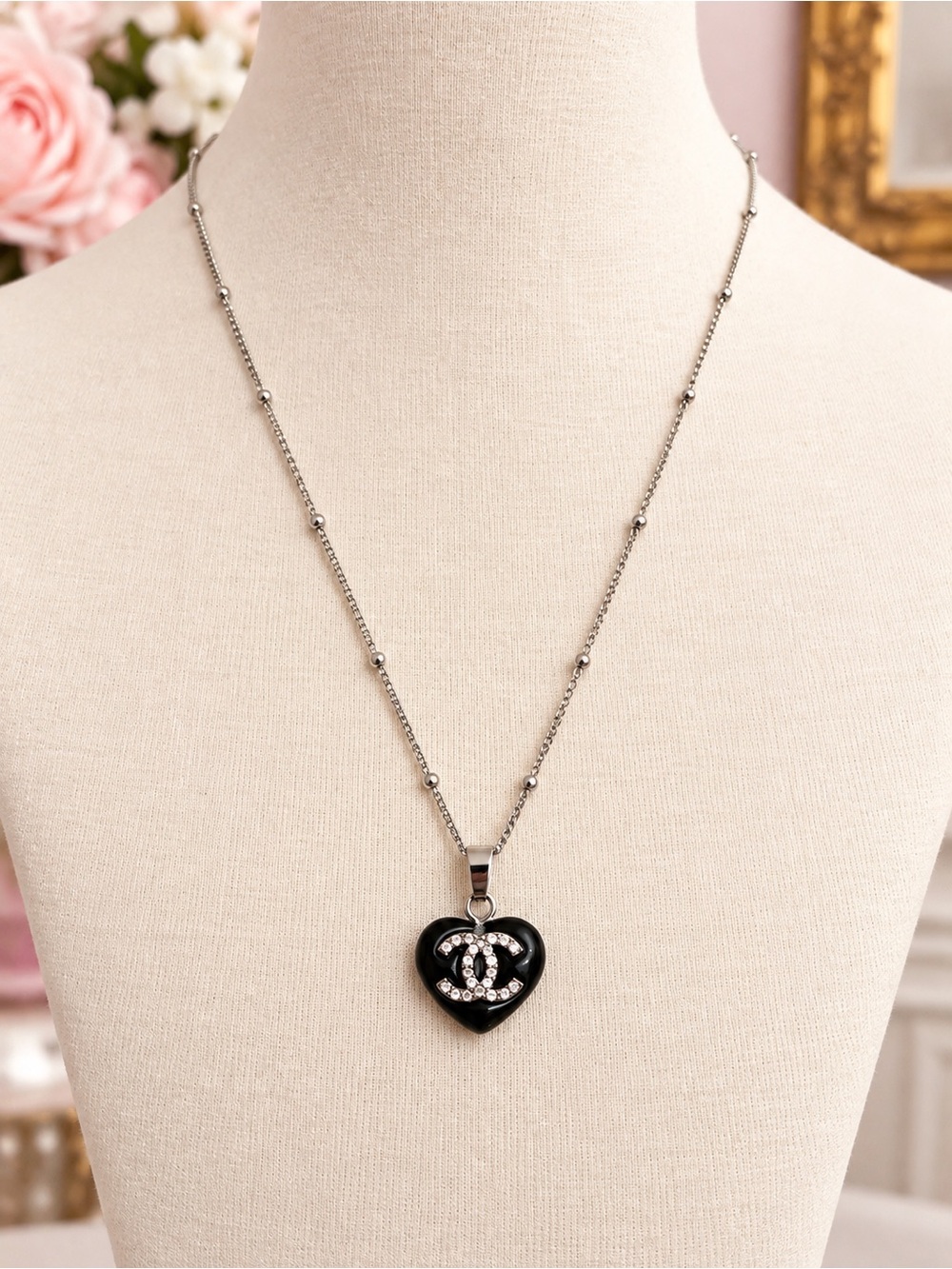 Black Heart Pendant Necklace with Rhinestone Logo Accent